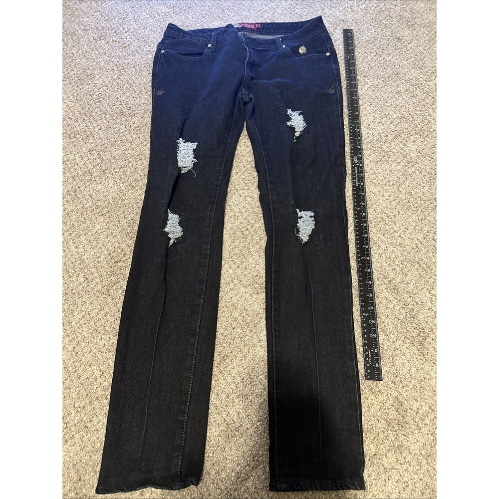 Apple Bottoms Jeans Womens 11/12 Black Distressed Rhinestone Pocket Y2K 90s Logo